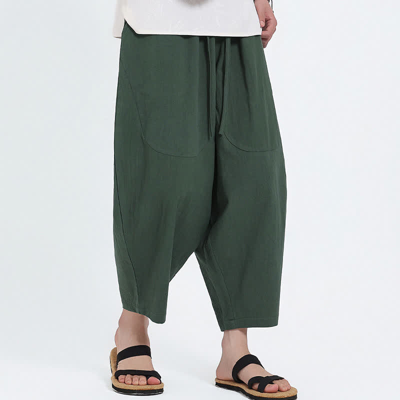 Buddha Stones Summer Casual Drawstring Solid Cotton Linen Capri Pants Men's Harem Pants With Pockets - image 4