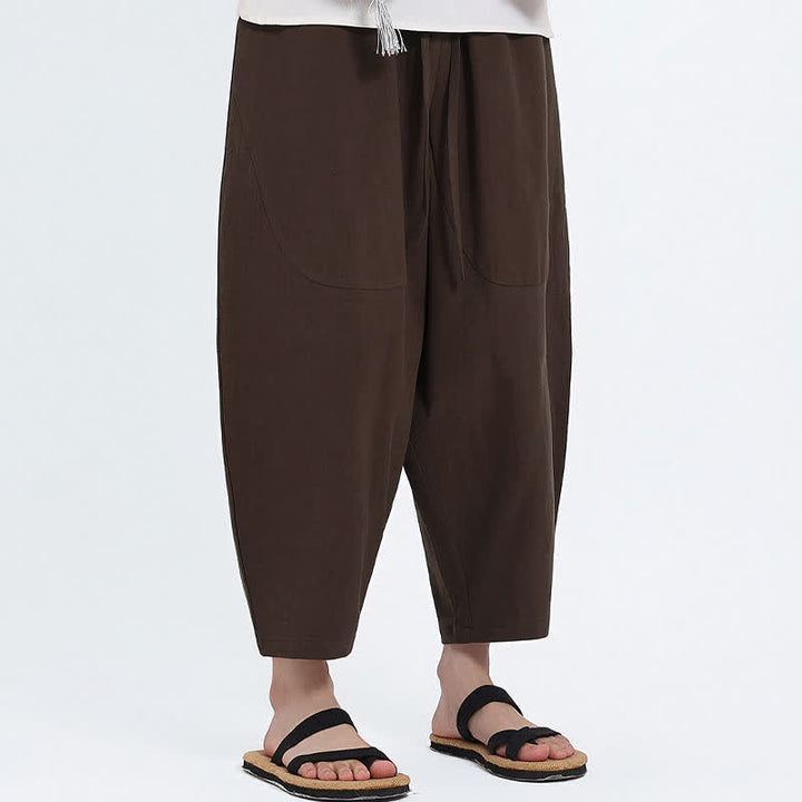 Buddha Stones Summer Casual Drawstring Solid Cotton Linen Capri Pants Men's Harem Pants With Pockets - image 9