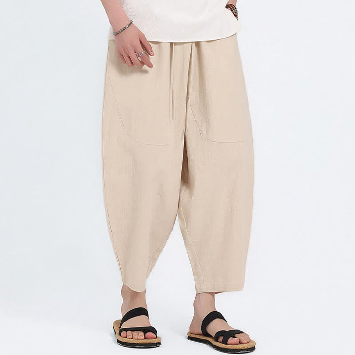 Buddha Stones Summer Casual Drawstring Solid Cotton Linen Capri Pants Men's Harem Pants With Pockets - image 23