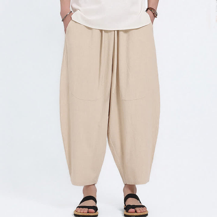 Buddha Stones Summer Casual Drawstring Solid Cotton Linen Capri Pants Men's Harem Pants With Pockets - image 22