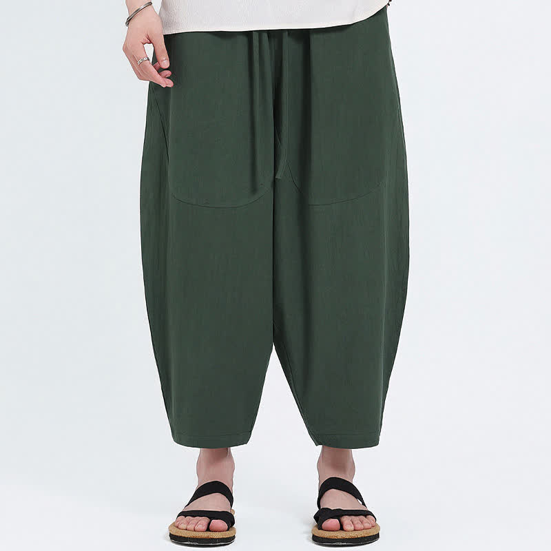 Buddha Stones Summer Casual Drawstring Solid Cotton Linen Capri Pants Men's Harem Pants With Pockets - image 3