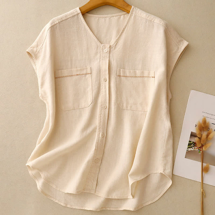 Buddha Stones Summer Casual Minimalist Button-Up Patch Pocket Solid Women's Sleeveless Shirts Tank Top With Pocket - AntiqueWhite - US8-10, UK/AU12-14, EU40-42 (2XL) - image 0