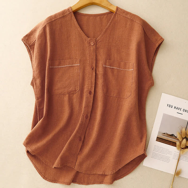 Buddha Stones Summer Casual Minimalist Button-Up Patch Pocket Solid Women's Sleeveless Shirts Tank Top With Pocket - Peru - US8-10, UK/AU12-14, EU40-42 (2XL) - image 14