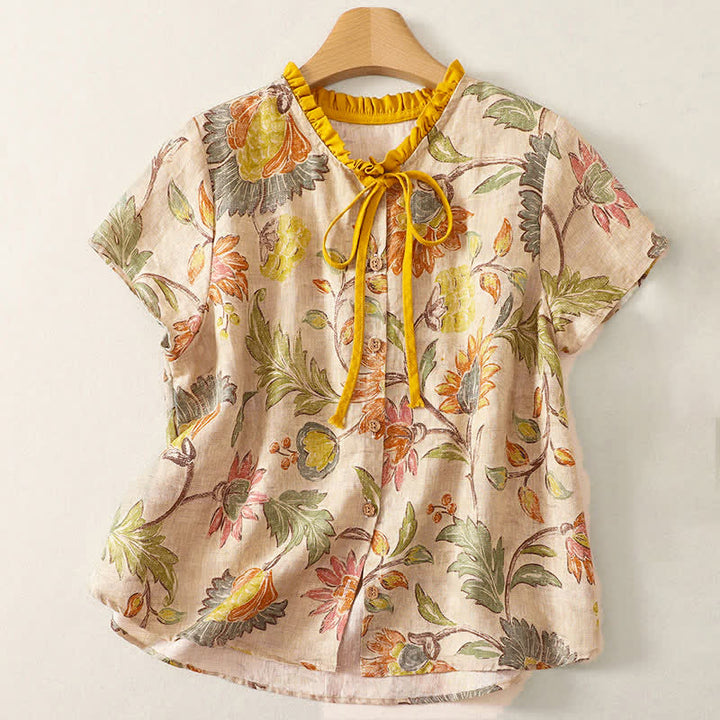 Buddha Stones Summer Casual Boho Drawstring Floral Peony Green Leaves Women's Short Sleeve Shirts - PaleGoldenrod - US8-10，UK/AU12-14，EU40-42 (2XL) - image 0