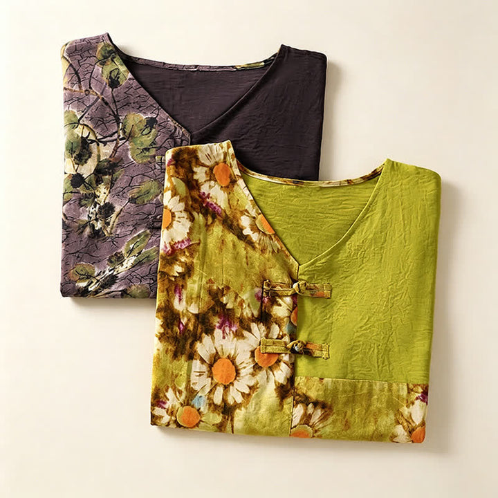 Buddha Stones Summer Casual Vintage Tang Style Pankou Floral Sunflowers Women's Short Sleeve Shirts - image 17