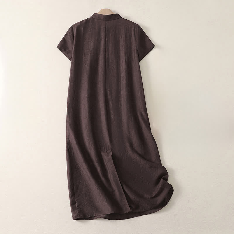 Buddha Stones Summer Minimalist Vintage Button-Up Solid Lace-up Women's Short Sleeve Dresses With Pockets - image 1