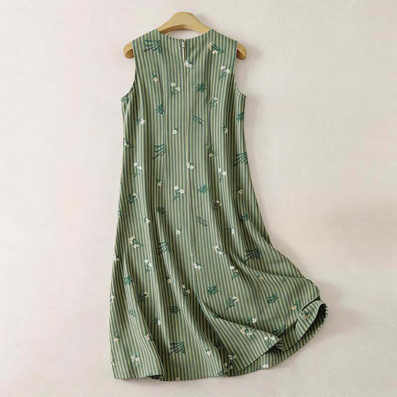 Buddha Stones Summer Casual Minimalist Green Striped Small Floral Women's Summer Sleeveless Dress - image 1