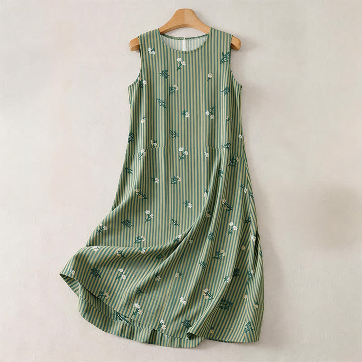 Buddha Stones Summer Casual Minimalist Green Striped Small Floral Women's Summer Sleeveless Dress - DarkSeaGreen - US12, UK/AU16, EU44 (2XL) - image 0