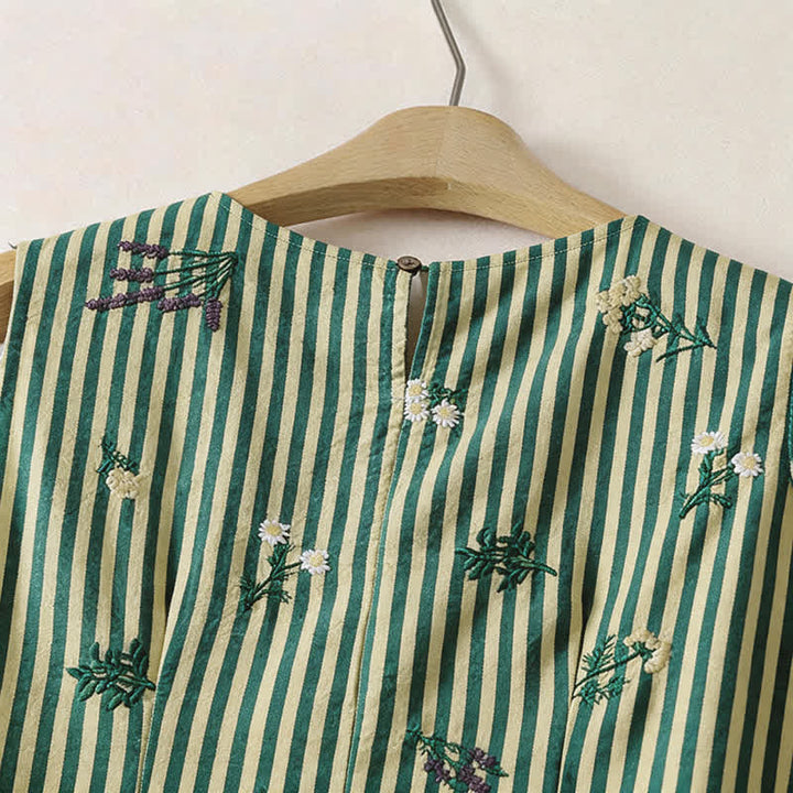 Buddha Stones Summer Casual Minimalist Green Striped Small Floral Women's Summer Sleeveless Dress - image 3