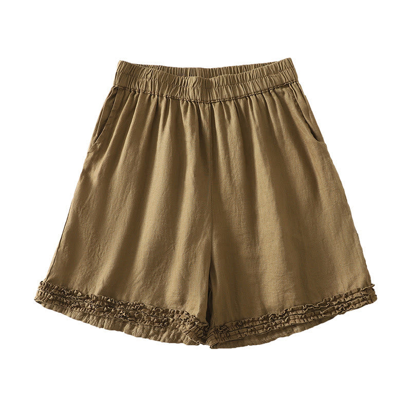 Buddha Stones Summer Casual Vintage Solid Elastic Waist Ruffled Hem Women's Shorts With Pockets - Tan - US8-10, UK/AU12-14, EU40-42 (2XL) - image 0