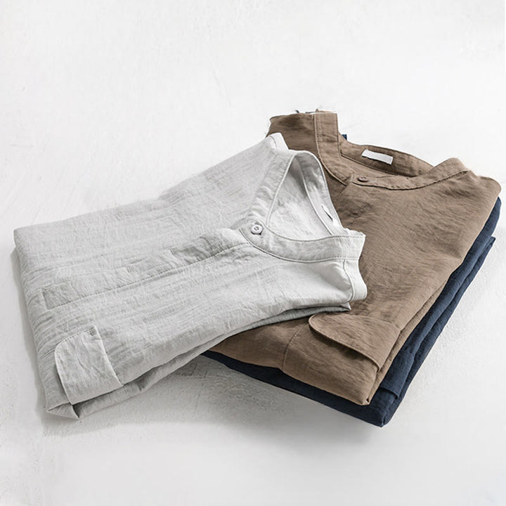 Buddha Stones Summer Casual Tang Style Mandarin Collar Half Buttons Solid Men's Short Sleeve Shirts With Decorative Pocket - image 17