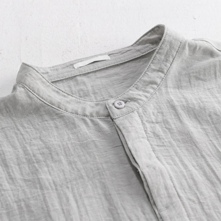 Buddha Stones Summer Casual Tang Style Mandarin Collar Half Buttons Solid Men's Short Sleeve Shirts With Decorative Pocket - image 3
