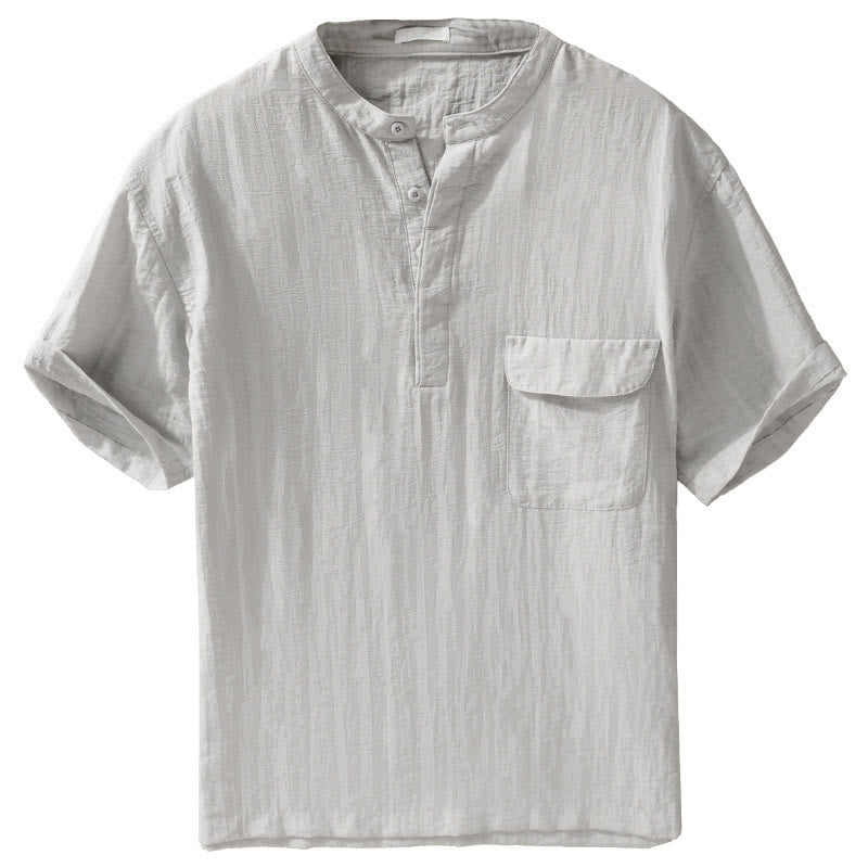 Buddha Stones Summer Casual Tang Style Mandarin Collar Half Buttons Solid Men's Short Sleeve Shirts With Decorative Pocket - image 2