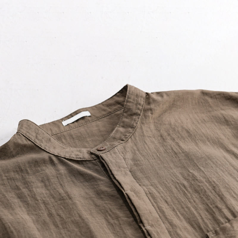 Buddha Stones Summer Casual Tang Style Mandarin Collar Half Buttons Solid Men's Short Sleeve Shirts With Decorative Pocket - image 14