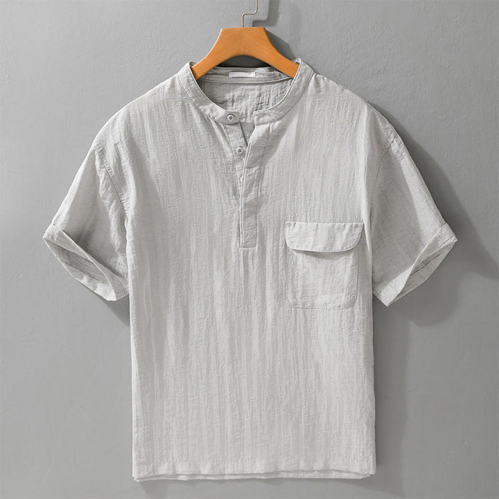 Buddha Stones Summer Casual Tang Style Mandarin Collar Half Buttons Solid Men's Short Sleeve Shirts With Decorative Pocket - Gainsboro - US/UK/AU42, EU52 (3XL) - image 0
