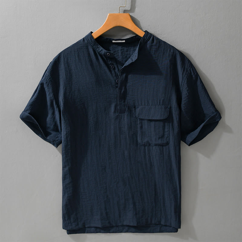 Buddha Stones Summer Casual Tang Style Mandarin Collar Half Buttons Solid Men's Short Sleeve Shirts With Decorative Pocket - MidnightBlue - US/UK/AU42, EU52 (3XL) - image 9