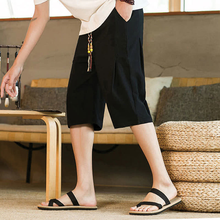 Buddha Stones Summer Casual Minimalist Drawstring Solid Men's Cropped Pants With Pocket - image 12