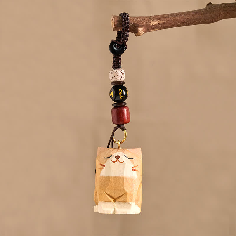Buddha Stones Hand Carved Wooden Cat Om Mani Padme Hum Peace Keychains - image 3