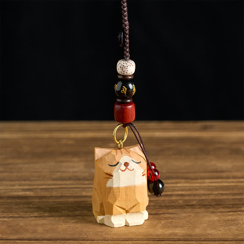 Buddha Stones Hand Carved Wooden Cat Om Mani Padme Hum Peace Keychains - image 0