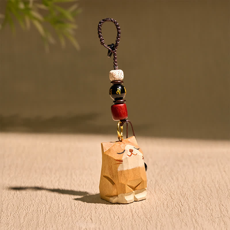 Buddha Stones Hand Carved Wooden Cat Om Mani Padme Hum Peace Keychains - image 1