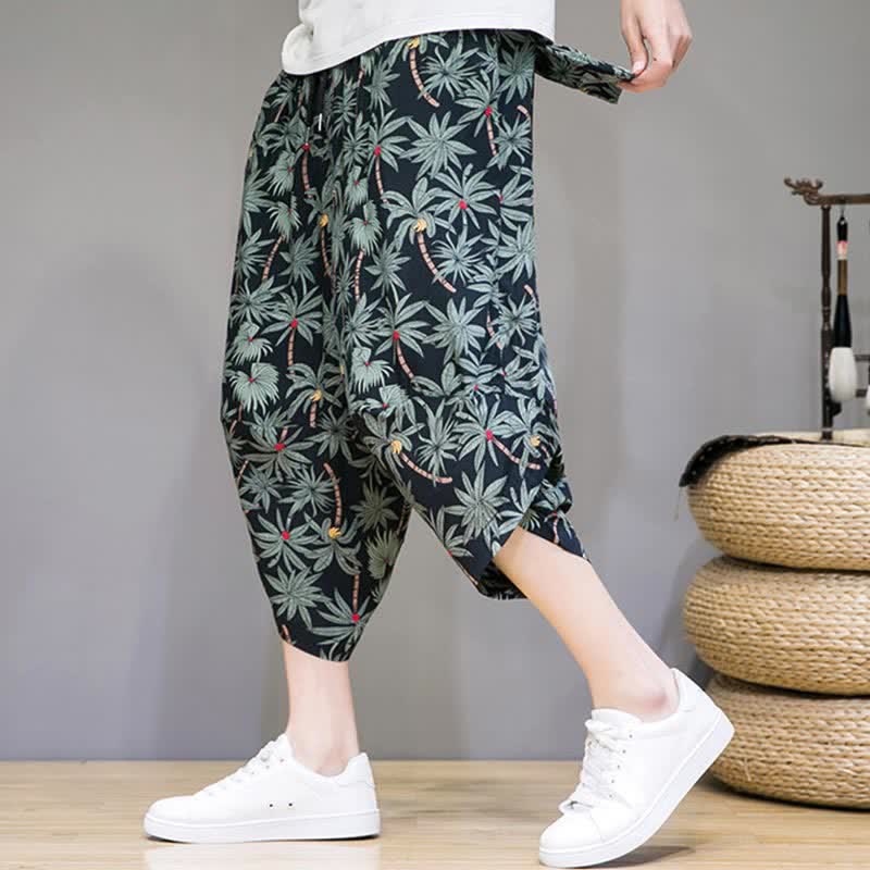 Buddha Stones Summer Boho Casual Drawstring Floral Capri Pants Men's Harem Pants With Pocket - Black - US/UK/AU46, EU56 (5XL) - image 0