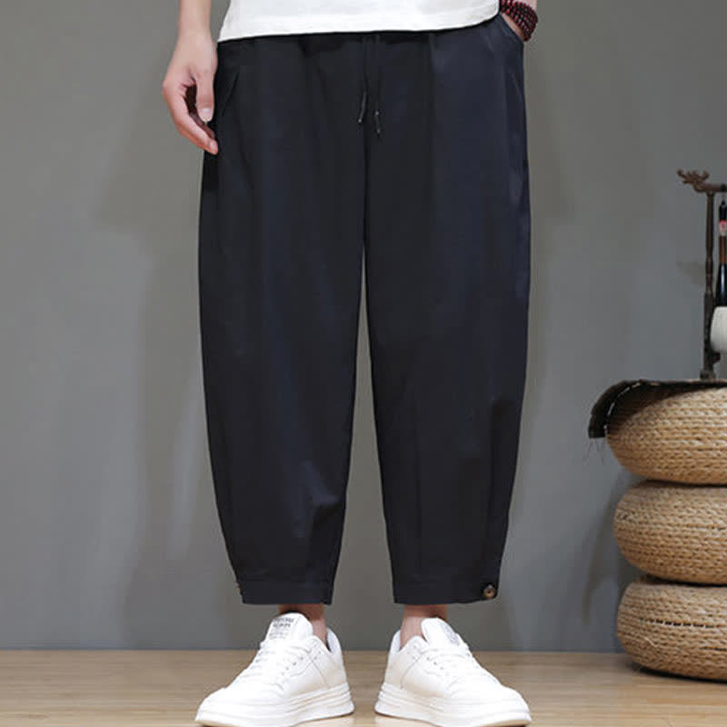 Buddha Stones Summer Casual Minimalist Drawstring Solid Men's Cropped Pants With Pocket - Black - US/UK/AU46, EU56 (5XL) - image 4