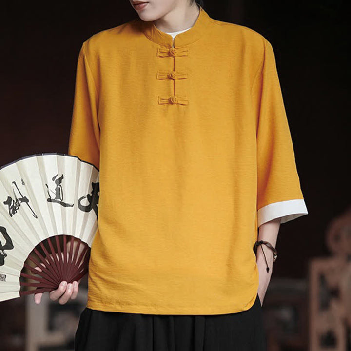 Buddha Stones Summer Tang Style Vintage Mandarin Collar Frog Button Solid Men's Elbow-Length Sleeve Shirts - image 15