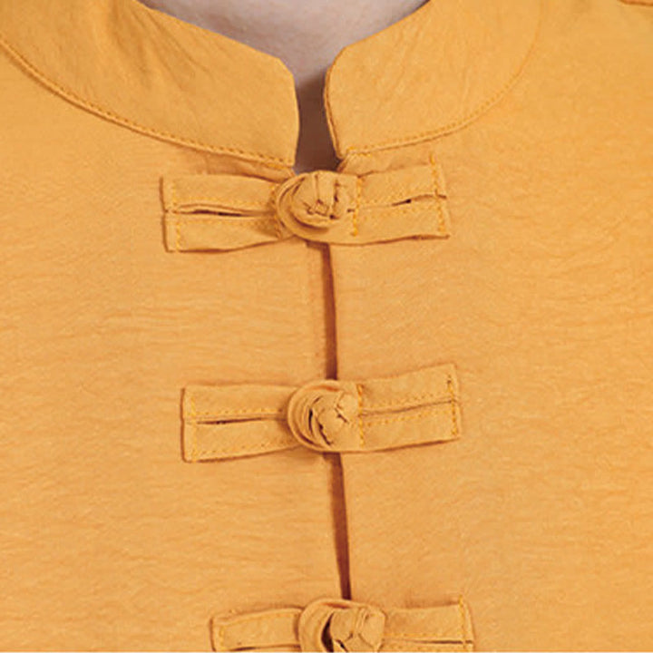Buddha Stones Summer Tang Style Vintage Mandarin Collar Frog Button Solid Men's Elbow-Length Sleeve Shirts - image 18