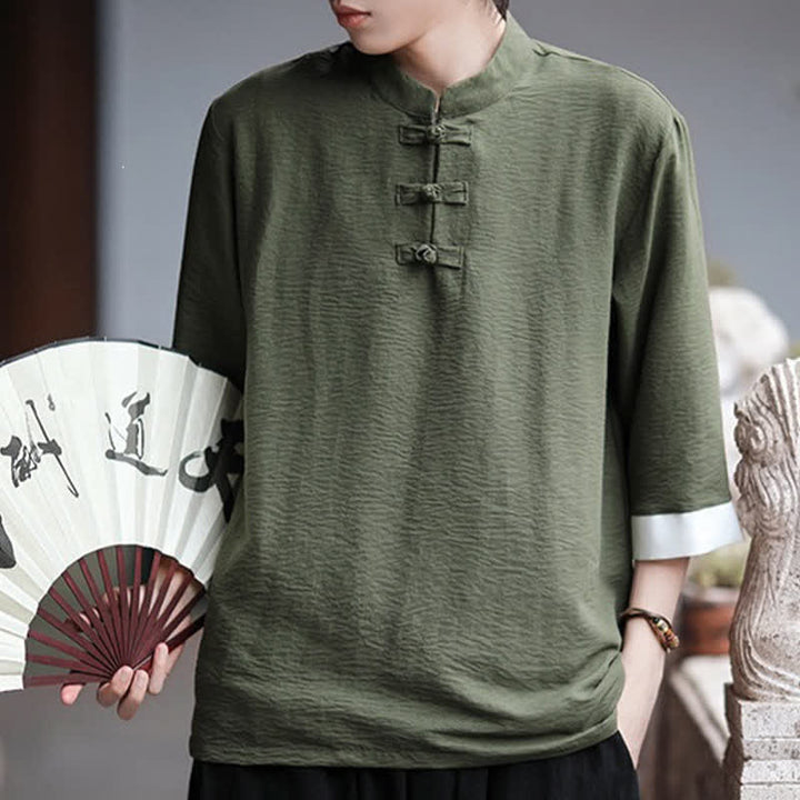 Buddha Stones Summer Tang Style Vintage Mandarin Collar Frog Button Solid Men's Elbow-Length Sleeve Shirts - image 11