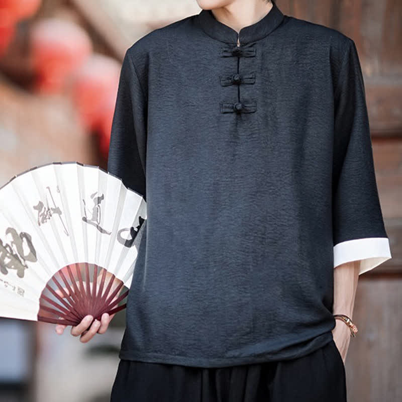 Buddha Stones Summer Tang Style Vintage Mandarin Collar Frog Button Solid Men's Elbow-Length Sleeve Shirts - image 7