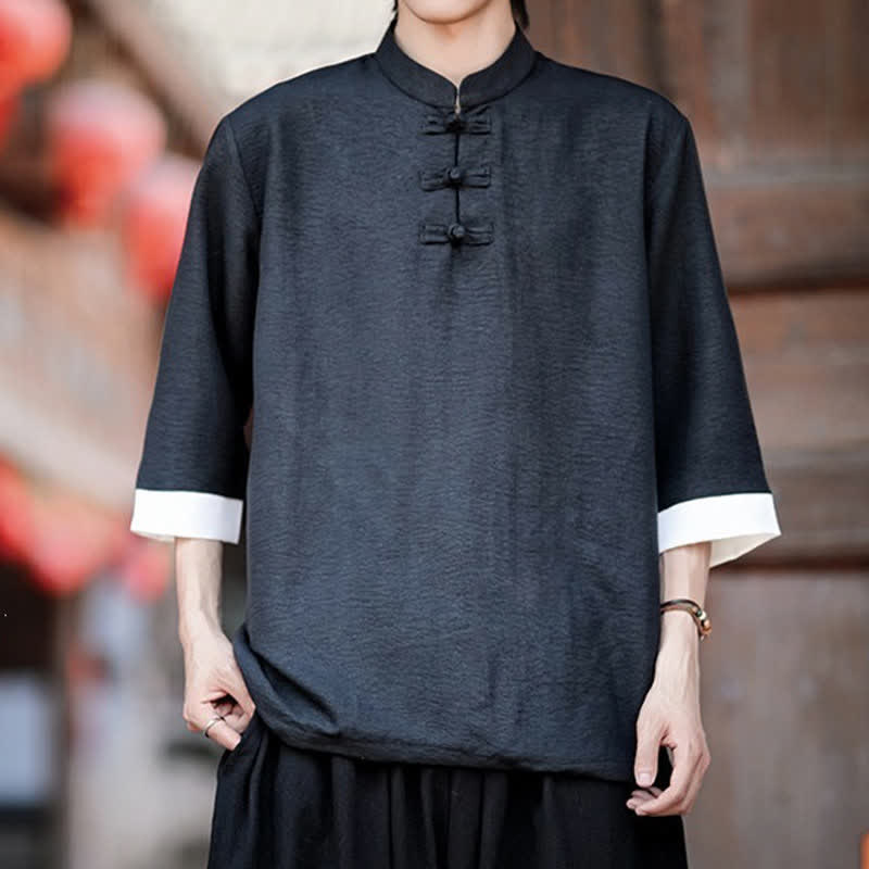 Buddha Stones Summer Tang Style Vintage Mandarin Collar Frog Button Solid Men's Elbow-Length Sleeve Shirts - Black - US/UK/AU46, EU56 (5XL) - image 4