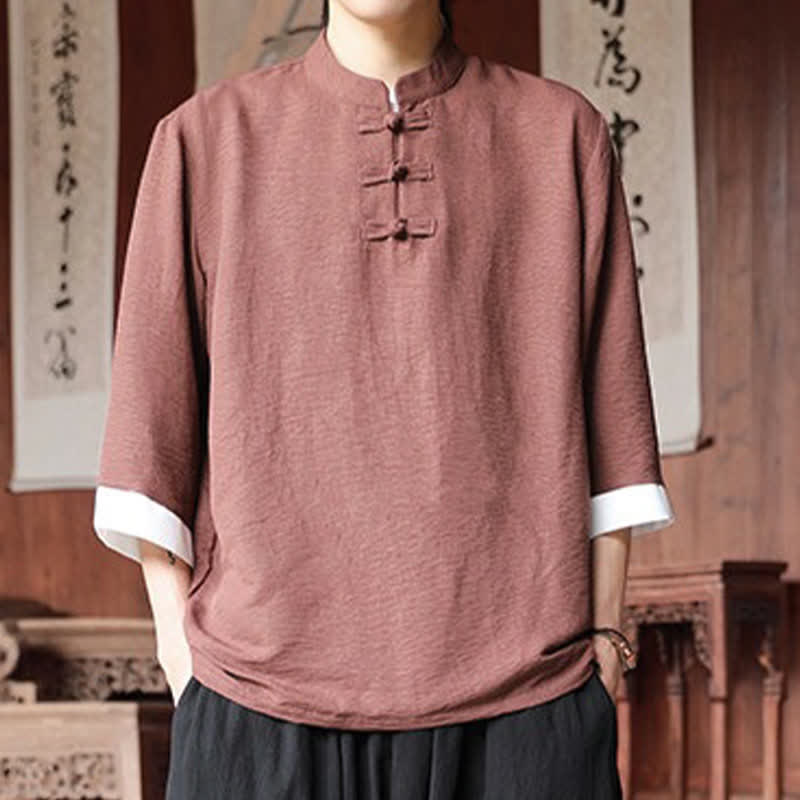 Buddha Stones Summer Tang Style Vintage Mandarin Collar Frog Button Solid Men's Elbow-Length Sleeve Shirts - image 3