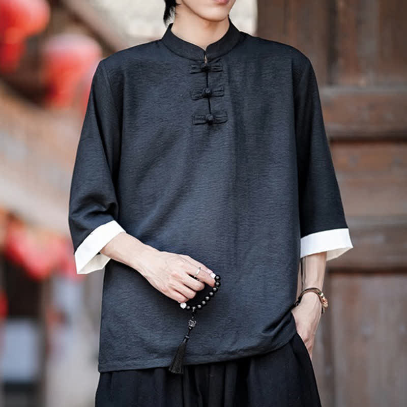 Buddha Stones Summer Tang Style Vintage Mandarin Collar Frog Button Solid Men's Elbow-Length Sleeve Shirts - image 6