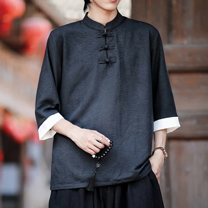 Buddha Stones Summer Tang Style Vintage Mandarin Collar Frog Button Solid Men's Elbow-Length Sleeve Shirts - image 6
