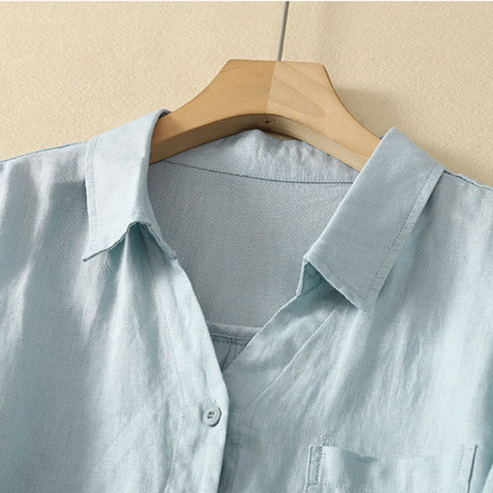 Buddha Stones Summer Casual Minimalist Button-Up Solid Women's Short Sleeve Shirts With Pocket - image 6