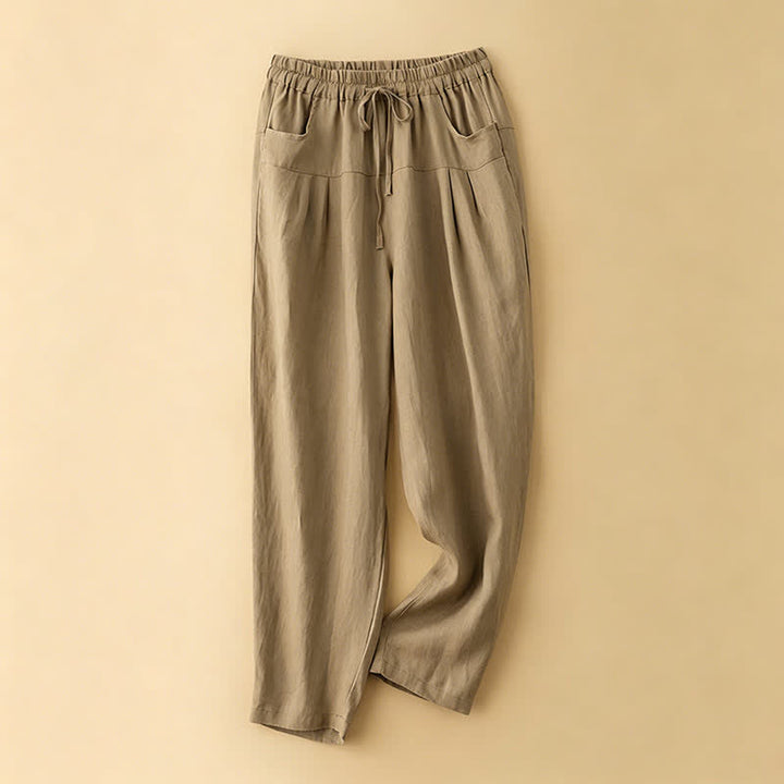 Buddha Stones Summer Casual Minimalist Drawstring Solid Ankle Pants Women's Harem Pants With Pocket - Tan - US8-10, UK/AU12-14, EU40-42 (2XL) - image 0