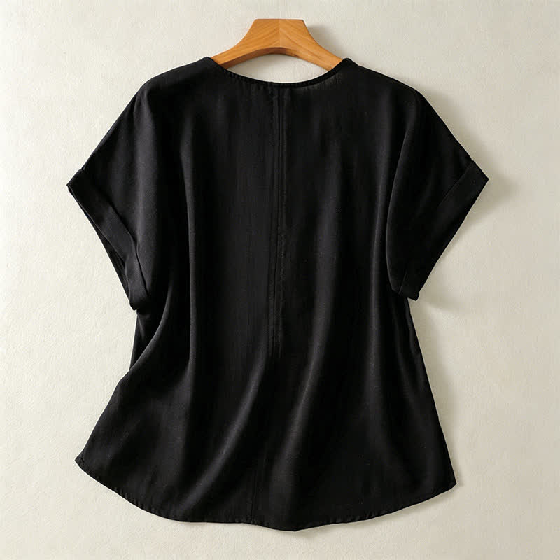 Buddha Stones Summer Casual Minimalist Solid V-Neck Women's Short Sleeve T-Shirts - Black - US8-10, UK/AU12-14, EU40-42 (2XL) - image 7