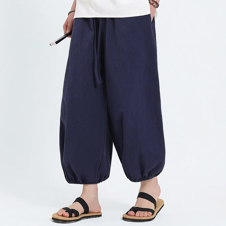 Buddha Stones Summer Tang Style Casual Drawstring Solid Cropped Pants Men's Harem Pants With Pockets - image 5