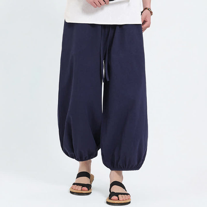 Buddha Stones Summer Tang Style Casual Drawstring Solid Cropped Pants Men's Harem Pants With Pockets - image 4
