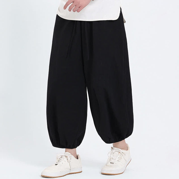 Buddha Stones Summer Tang Style Casual Drawstring Solid Cropped Pants Men's Harem Pants With Pockets - image 11