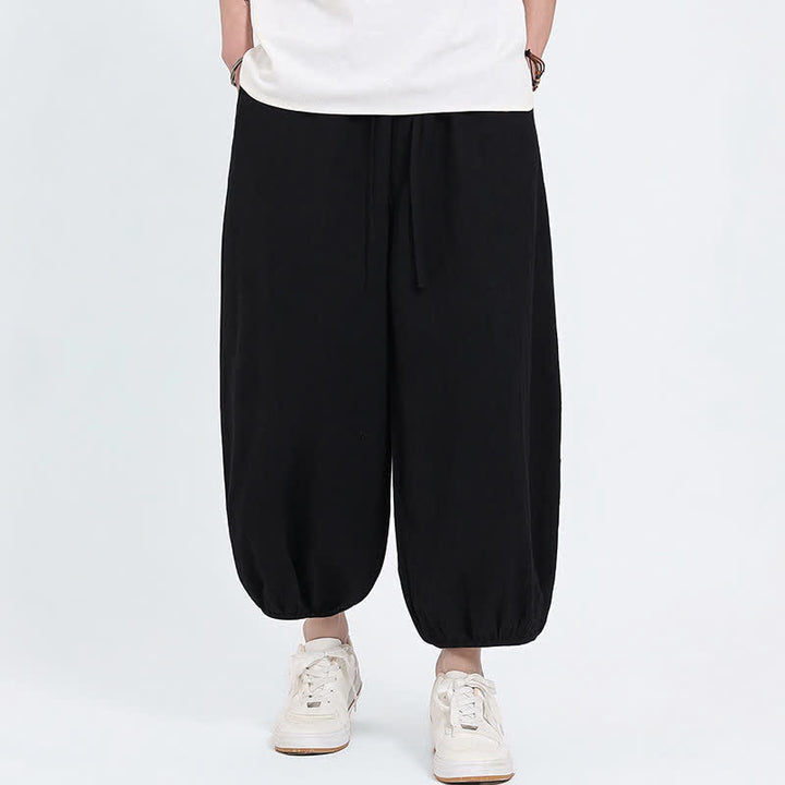 Buddha Stones Summer Tang Style Casual Drawstring Solid Cropped Pants Men's Harem Pants With Pockets - image 9