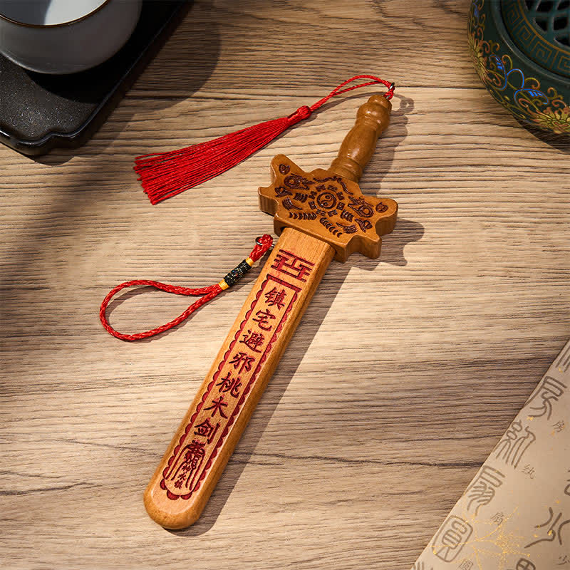 Buddha Stones Peach Wood Dragon Yin Yang Ritual Protection Sword Hanging Decor - 40 cm / 15.75 in - Peach Wood( Protection♥Purification) - image 0