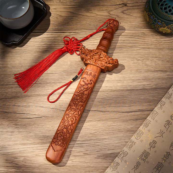 Buddha Stones Handcarved Peach Wood Dragon Sword Ritual Decor - 40 cm / 15.75 in - Peach Wood( Protection♥Purification) - image 0