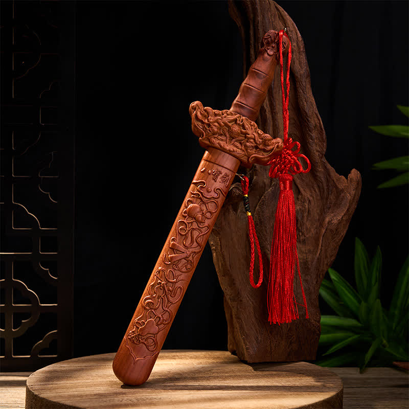 Buddha Stones Handcarved Peach Wood Dragon Sword Ritual Decor - image 7