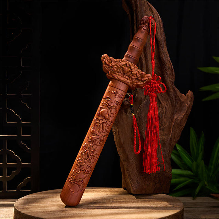 Buddha Stones Handcarved Peach Wood Dragon Sword Ritual Decor - image 7