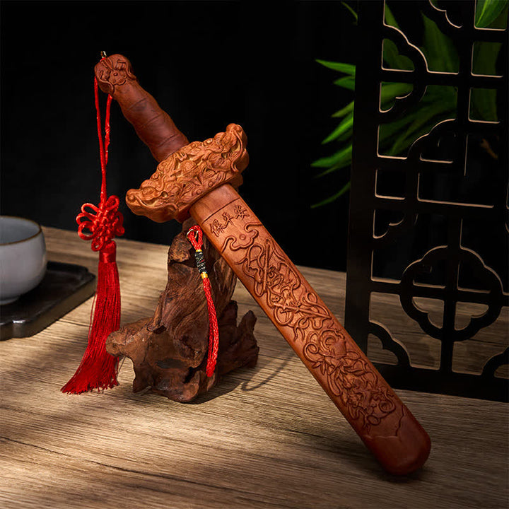 Buddha Stones Handcarved Peach Wood Dragon Sword Ritual Decor - image 3