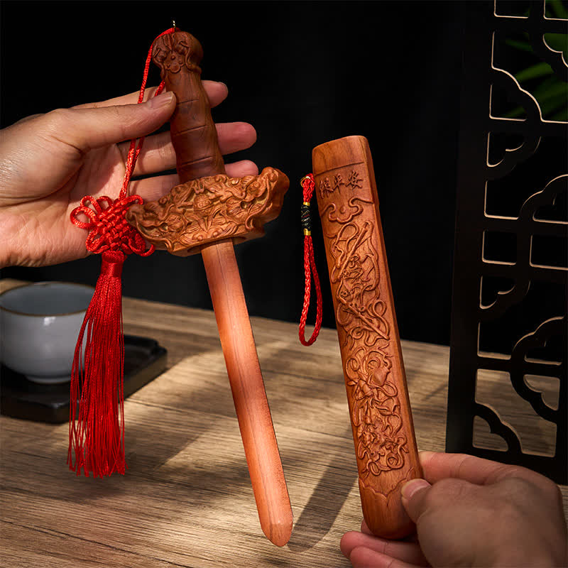 Buddha Stones Handcarved Peach Wood Dragon Sword Ritual Decor - image 2