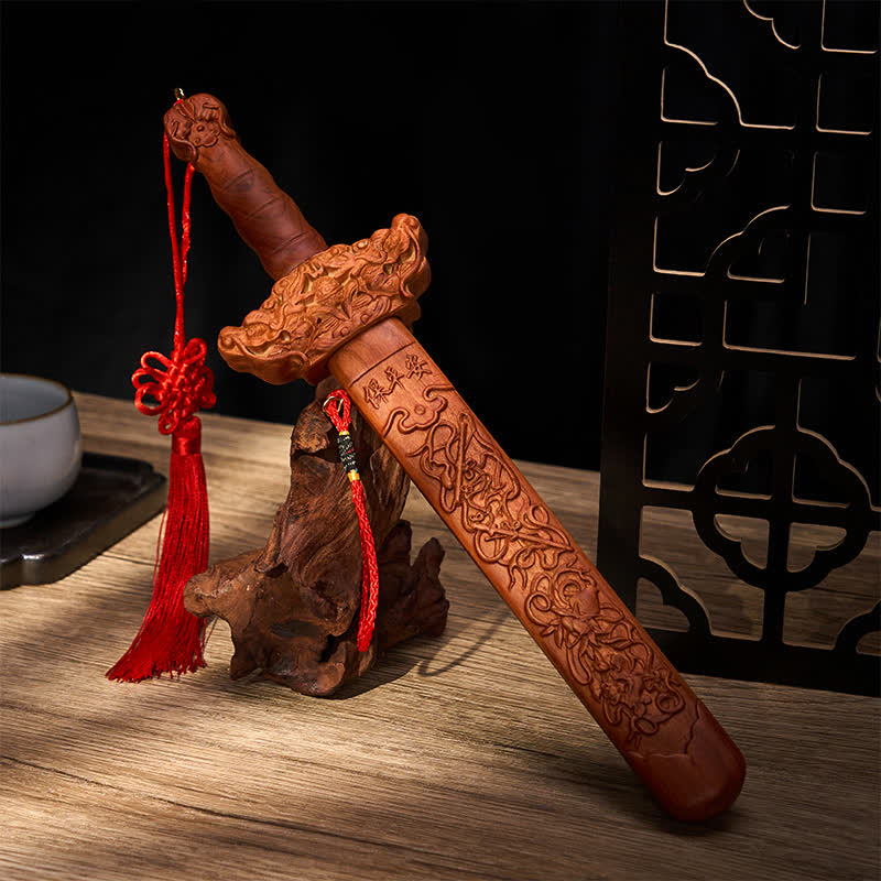 Buddha Stones Handcarved Peach Wood Dragon Sword Ritual Decor - image 1
