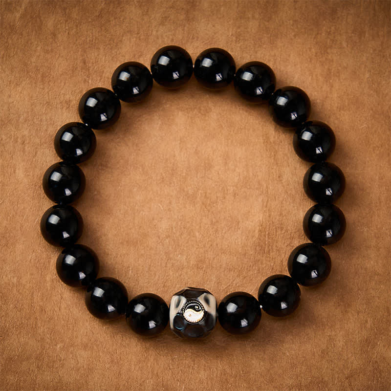 Buddha Stones Tibetan Agate Yin Yang Wealth Round Bead Bracelet - image 1