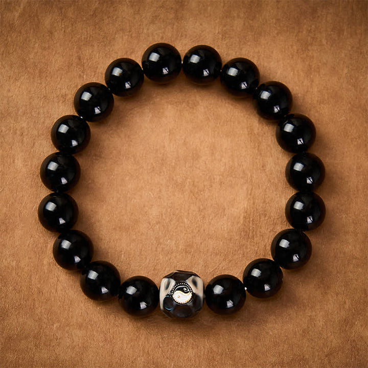 Buddha Stones Tibetan Agate Yin Yang Wealth Round Bead Bracelet - image 1